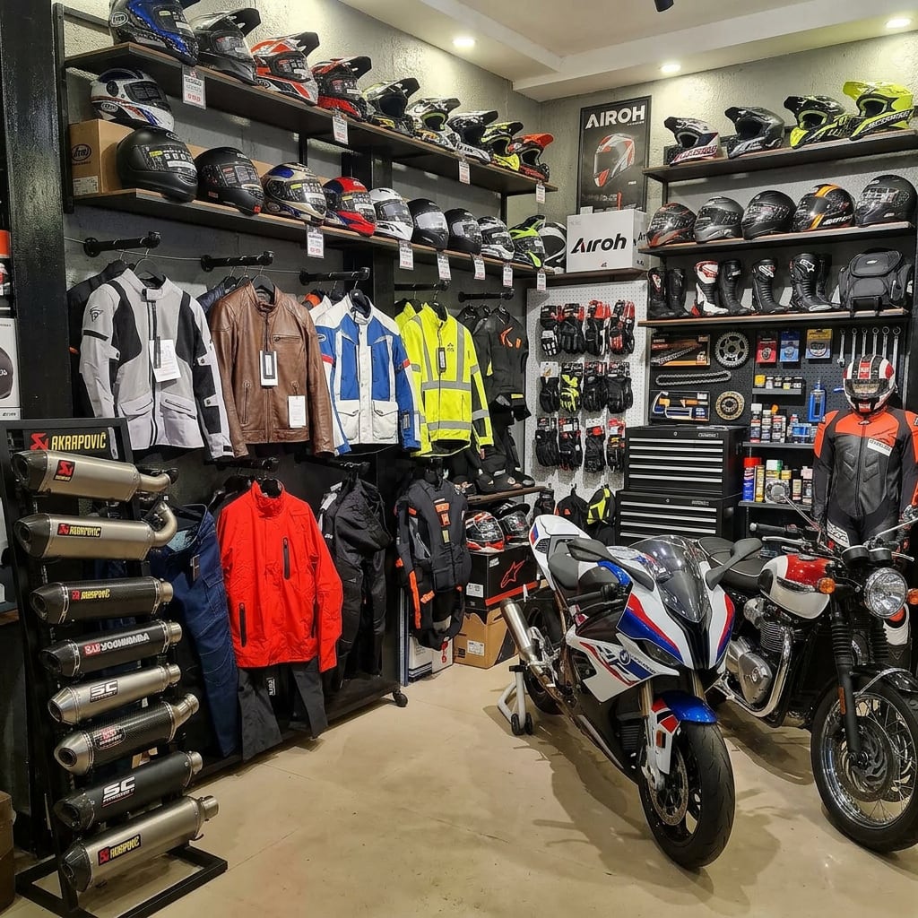 Sixthgear Moto shop interior with riding gear and accessories